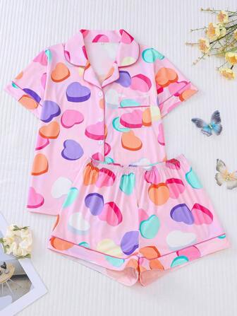 2 件套春夏可爱 3D 心形印花女士睡衣套装、短袖翻领上衣和松紧腰短裤、休闲四季女士睡衣和家居服套装、两件套