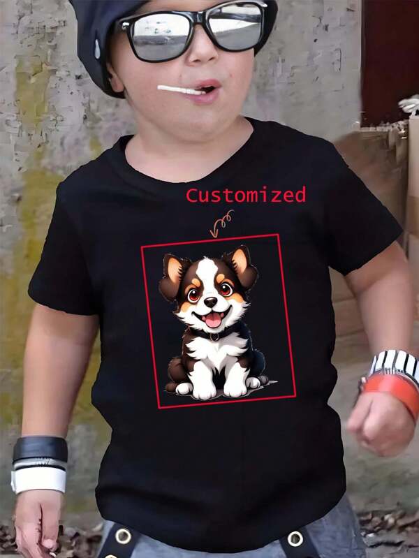 Camiseta casual de manga corta y cuello redondo para niños pequeños con estampado de perro, simple y versátil