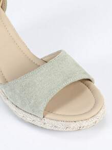 女士坡跟凉鞋，休闲露趾厚底夏季鞋，系带舒适搭扣草编底波西米亚风度假鞋 [尺码偏大一码] - 淡綠色 - 查看 9