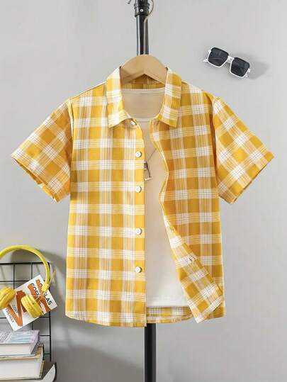 Boys' Casual Plaid Polo Collar Short Sleeve Shirt, Suitable For Daily Wear, Outing, Vacation, Party