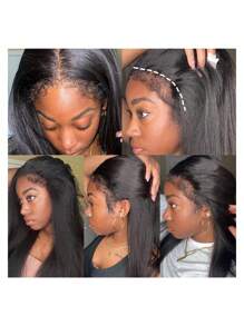 Parrucche a fascia per Ognissanti con capelli dritti e kinkys per donne di colore, 34 pollici, scontate, parrucche frontali in pizzo trasparente 13*4 con capelli umani pre-sfoltiti, lisci yaki lunghi, parrucche a fascia senza colla e senza pizzo frontale, realizzate a macchina, colore nero naturale, adatte come regalo di Natale per donne, 8-34 pollici, 34 pollici con baby hair, densità 150%, parrucche frontali in pizzo con capelli dritti e kinkys, adatte come regalo per donne (parrucche bob 8-16 pollici)
