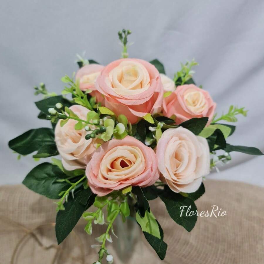 Artificial Button Bouquet With 7 Flowers For Party, Wedding, Home And Photo Decoration - Salmón - Ver 1