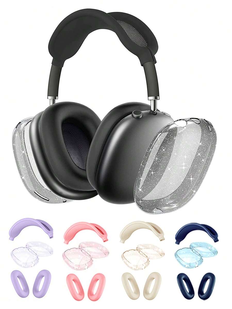 3pcs/Set New Transparent TPU Glitter Headphone Case Cover Set Compatible With Apple Max Headphones, Includes Dust-Proof, Shock-Proof, Water-Resistant Earmuff, Headband And Housing Shell Case - Multicolor - View 1