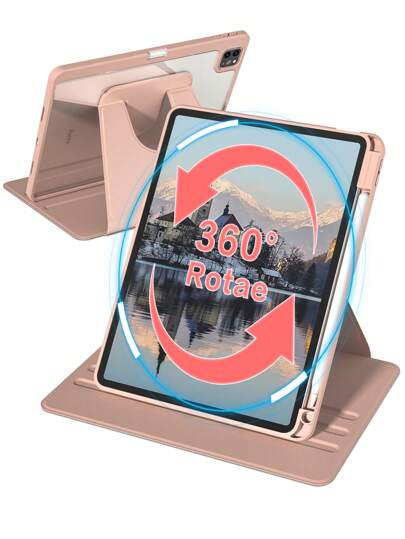Anti-Scratch IPad Case Compatible With Built-In Pencil Holder, 360 Degree Rotating Folio Stand Cover, Premium Shockproof Auto Wake/Sleep And Flexible Viewing Angles- Pink