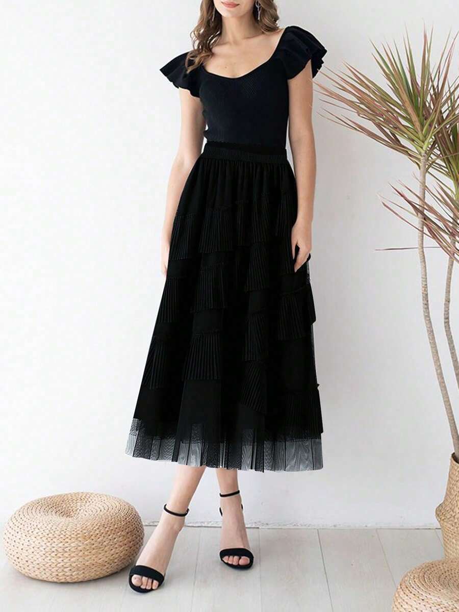 Women Mesh Skirt Elegant Long Skirt High Waist - 黑色 - 查看 1