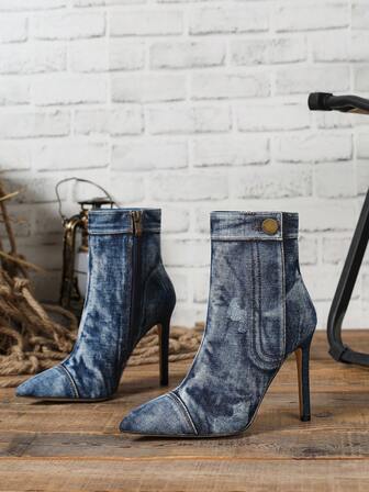 Women's New Vintage Blue Pointed Toe Ankle Boots, Side Zipper, Slim High Heel