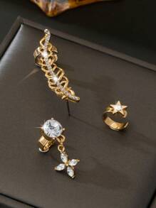 3 pièces/set Boucles d'oreilles et clips d'oreilles Eid Mubarak avec étoiles et lune et strass, accessoires d'oreille élégants vintage géométriques 3D en métal à la mode, convient pour le port quotidien, les fêtes, les rendez-vous, les sorties, les soirées - ensemble de boucles d'oreilles - Voir 5