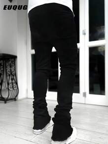 男式纯黑色斜口袋弹力修身阔腿牛仔裤，长款水洗星星+火焰印花喇叭牛仔裤，纯黑色派对街头服饰、说唱歌手、Emo 风格