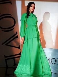 绿色长袖雪纺腰连衣裙