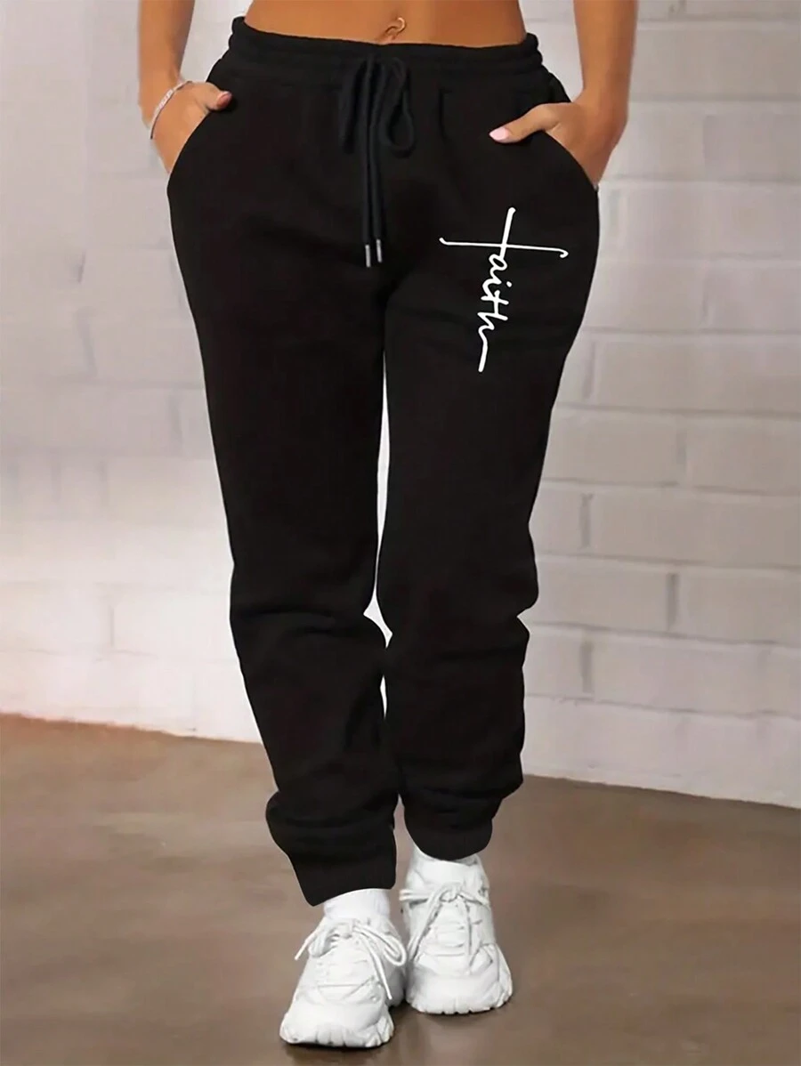 1 Women's Plus Size Sweatpants Casual Exercise Fashion Comfortable Running Home Soft Warm Display Curved Sweatpants Black Simple Letter Faith Print Design