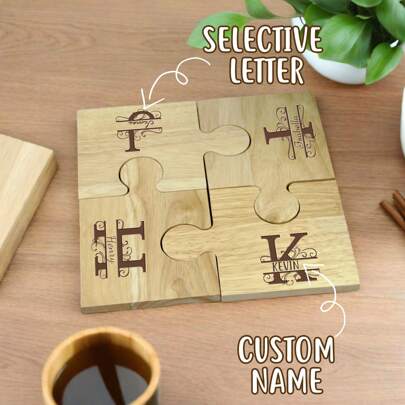 1pc Personalized Puzzle-Shaped Wooden Coaster, A Simple, Warm And Meaningful Gift, Customized Letter & Name, Perfect Gift For Family, Boyfriend, Girlfriend, Friends, Festivals