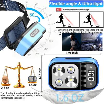 2PCS Headlamp Bright COB Multifunctional Hand Sensor USB Flashlight, 6Modes, Men Ladies Outdoor Fishing Headlight LED Head Lamps