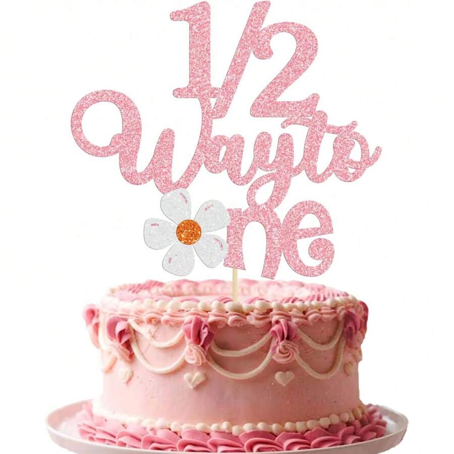 1pc Daisy Half To One Cake Sparkling Glitter Happy 6 Months Birthday Cake Topper, 1/2 Half Year Birthday Party Decoration Supplies - Style - View 1