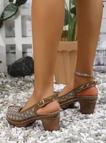 2025 新款夏季镂空透气圆头高跟凉鞋，女士时尚休闲法式粗跟鞋 - 褐色 - 查看 5