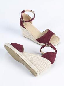 Sandalias de cuña para mujer, sandalias de verano de suela gruesa con punta abierta casual, tira cómoda con hebilla y suela de cuerda de lino