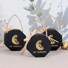 10pcs  Eid Mubarak Octagonal Portable Gift Box With Golden Rope Handle And Ribbon Bow Islamic Star Moon Pattern Paper Candy Box For Ramadan Muslim Festival Party Favors (Black/White) - 5.5*10.5*10.5cm - View 7