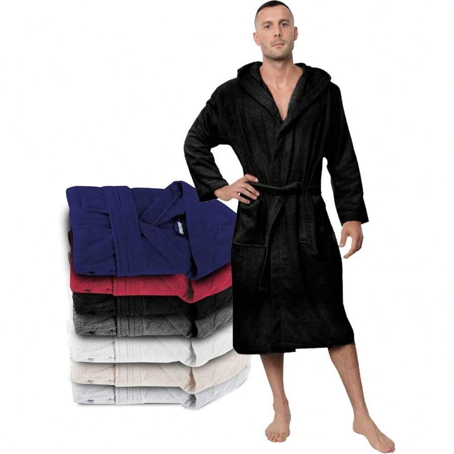 男士浴袍 - XS、S、M、L、XL、XXL、XXXL - 100% 纯棉（350g/M²）认证 - 带帽浴袍，2 个口袋，腰带 - 黑色的 - 查看 1