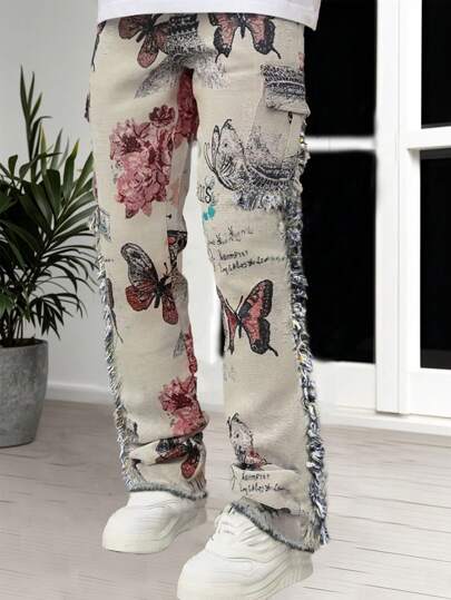 Men's Fashion Butterfly & Floral Jacquard Fringe Hem Multi-Pocket Cargo Pants, Streetwear