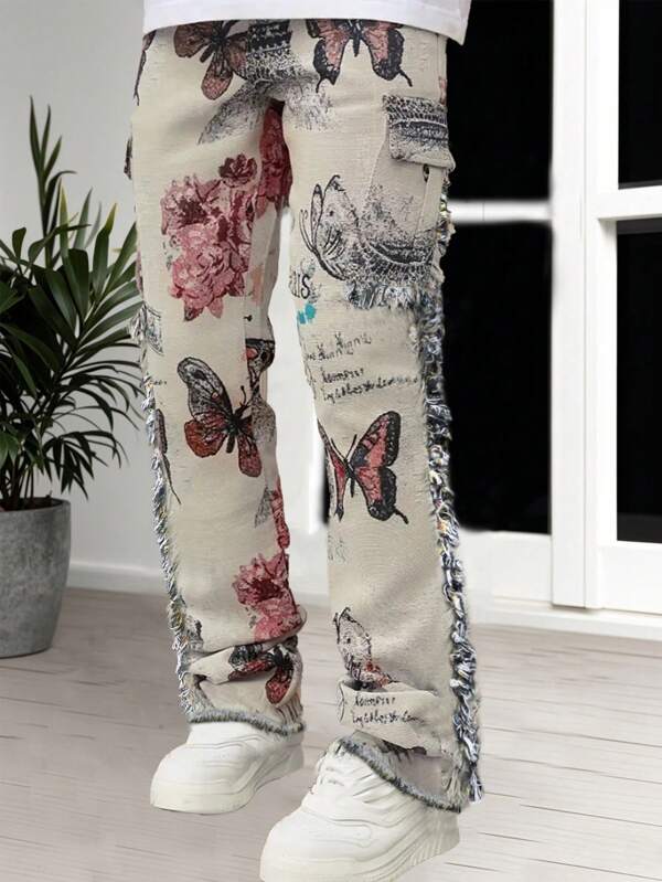 Men's Fashion Butterfly & Floral Jacquard Fringe Hem Multi-Pocket Cargo Pants, Streetwear