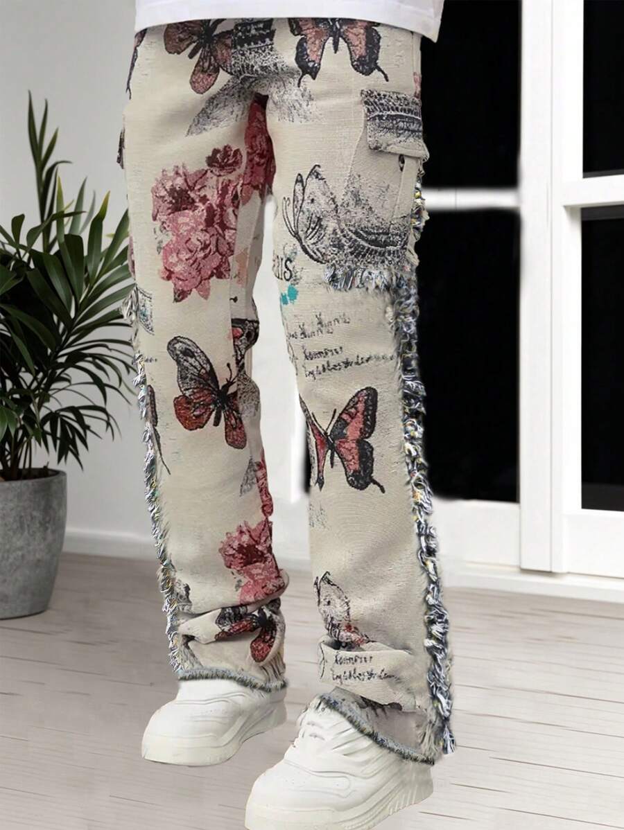 Herren Mode Schmetterling & Blumen Jacquard Fransen Saum Multi-Taschen Cargo Hose, Streetwear, Emo, 2000er Jahre Stil, Herbst - Verschiedenfarbig - Übersicht 1