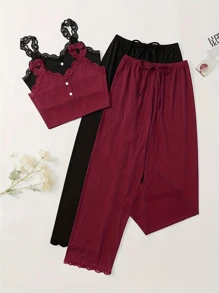 2 pièces Ensemble femme casual de couleur unie avec garniture en dentelle contrastée, Top brassière en maille côtelée avec bouton et détail col en V, pantalon, tenue de maison et vêtement de nuit confortable, ensemble deux pièces, vacances