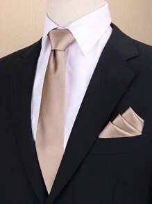 Men's Champagne Color 3.15 Inch Necktie And Pocket Square Set, Solid Color Business Wedding Tie & Handkerchief Suit - Champagne - View 2