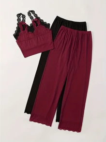 2 pièces Ensemble femme casual de couleur unie avec garniture en dentelle contrastée, Top brassière en maille côtelée avec bouton et détail col en V, pantalon, tenue de maison et vêtement de nuit confortable, ensemble deux pièces, vacances