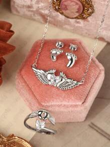 Bộ Trang Sức Thời Trang Châu Âu Và Mỹ Bạc S925 Mới: Nhẫn Thiên Thần, Vòng Cổ, Bông Tai, Món Quà Tuyệt Vời Cho Gia Đình Và Bạn Bè - bộ - Xem 3