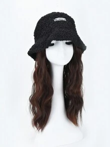 قطعة واحدة من الباروكة ذات الشعر الأسود الطويل مع قبعة، باروكة ذات تصميم مموج من الصوف الحملي لتغطية الرأس بالكامل، مناسبة للاستخدام اليومي