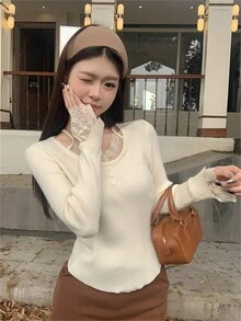 RUIWY 春季女式蕾丝边针织套头衫、修身性感毛衣上衣 - 杏色 - 查看 1