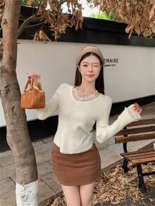 RUIWY 春季女式蕾丝边针织套头衫、修身性感毛衣上衣 - 杏色 - 查看 2