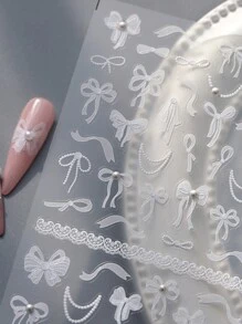 1pc White Bowknot Design 5D Nail Art Sticker With Pearl Self Adhesive Lace Ribbons Bowtie Butterfly Decals Nail Art Decoration