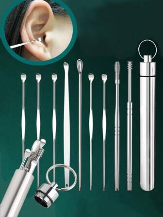 10pcs/6pcs Stainless Steel Ear Cleaning Tool Set - Spiral Earwax Remover, Ear Piercing Care Kit With Ear Cleansing Spoon, No Battery Needed, Holiday Gift, Portable Keychain For Travel Home Beauty