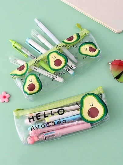 1pc Creative Cute Avocado Transparent Pencil Case With Clear Window, Minimalist Cartoon Fruit Design, Large Capacity Stationery Bag For Students, Ideal Desk Organizer For School, College, And Travel, Perfect Gift Idea For Kids And Teens, Portable Lightweight Clear Organizer For Daily Use