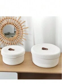 1pc Rope Storage Box Woven Desktop With Lid Jute Sundries Toy Cosmetic Storage Basket Round Multifunctional Sundries Basket Holiday Gift Blue