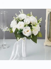 1 Stück Ditsy Floral Vliestoff weiße Rose Brautstrauß Requisite, moderne Braut Fotoshooting Dekoration, elegant und für alle Jahreszeiten geeignet