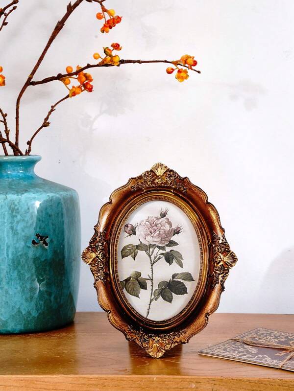 1pc, 6.4"X8" Retro Floral Oval Resin Decorative Frame, Vintage European Aristocratic Style Distressed Desktop Photo Frame, Suitable For Photo Decoration, Photography Props