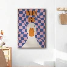 1pc, Goose"WHAT THE" Wall Art,Vibrant And Fashionable Animal Decor Room,Light Blue Plaid Academy Style Aesthetic,Vintage Interesting Short Sentences Poster Canvas Print, Minimalism Canvas Painting, Suitable For Home Decoration