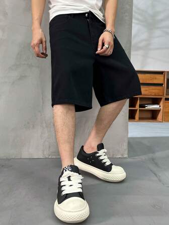 男士印花牛仔短裤，纯色休闲日常装，简约风格