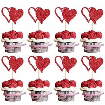 24 sztuki Walentynkowe Podwójne Serca Cupcake Toppery Brokatowe Puste Słodkie Miłości Cupcake Picks Walentynki Motyw Ślub Zaręczyny Wieczór Panieński Urodziny Impreza Tort Dekoracje Materiały