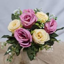 Artificial Button Bouquet With 7 Flowers For Party, Wedding, Home And Photo Decoration - 奶油色和丁香色 - 查看 2