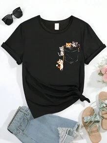 SUPSHUSY 女士短袖圆领口袋猫印花 T 恤，女士春夏印花 T 恤，可爱口袋猫图案短袖 T 恤，柔软、吸汗、透气，适合户外运动、跑步和休闲。
