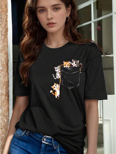 SUPSHUSY Camiseta de manga corta y cuello redondo con bolsillo estampado de gato para mujer, camiseta de mujer estampada para primavera/verano, camiseta de manga corta con estampado de gato lindo en el bolsillo, suave, que absorbe la humedad y transpirable, adecuada para deportes al aire libre, correr y ocio.