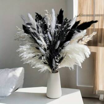 50/60pcs Luxurious Black & White Dried Flower Bouquet - 50pcs Pampas Grass, Bunny Tails, Cattails, Baby's Breath, Lavender And Dried Plants, Ideal For Weddings, Home Decor, Event Centers, Bridal Bouquet Gifts Birthday Graduation,Fall Decor,Autumn
