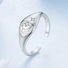 bamoer 1 chiếc nhẫn bạc 925 dày dặn, khắc hình ngôi sao và mặt trăng, có thể điều chỉnh kích thước, nhẫn đeo xếp chồng cho nữ, nhẫn cưới, quà sinh nhật. - Bạc - Xem 4