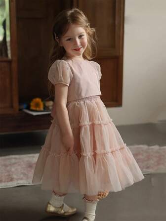 2pcs/Set Summer Girls Unique Style White Smock Shirt & Puff Skirt Set Toddler Ruffle Mesh Patchwork Top + Tutu Skirt