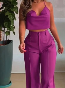 Women's Asymmetrical Casual Sexy Open Shoulder Camisole Top & High Waisted Slim Pants 2 Pieces Set, Suitable For Beach, Honeymoon, Travel, And Formal Occasions