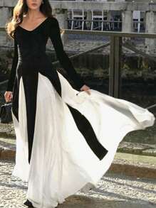 女士薄款优雅浪漫简约百搭撞色深 V 领修身拼接大喇叭下摆长袖连衣裙 - 黑與白 - 查看 2