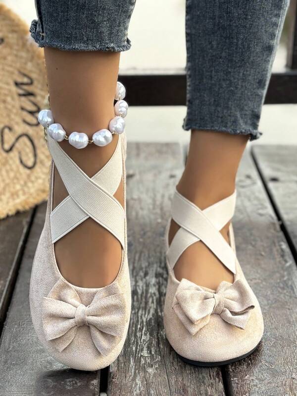 Women Criss-Cross Strap Round Toe Casual Comfortable Slip-On Flats, Versatile Solid Color Ballet Shoes For Indoor/Outdoor Wear