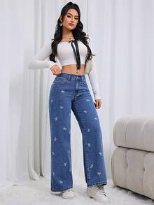 女士时尚休闲蝴蝶结印花松紧腰阔腿宽松无弹力蓝色牛仔裤，返校服